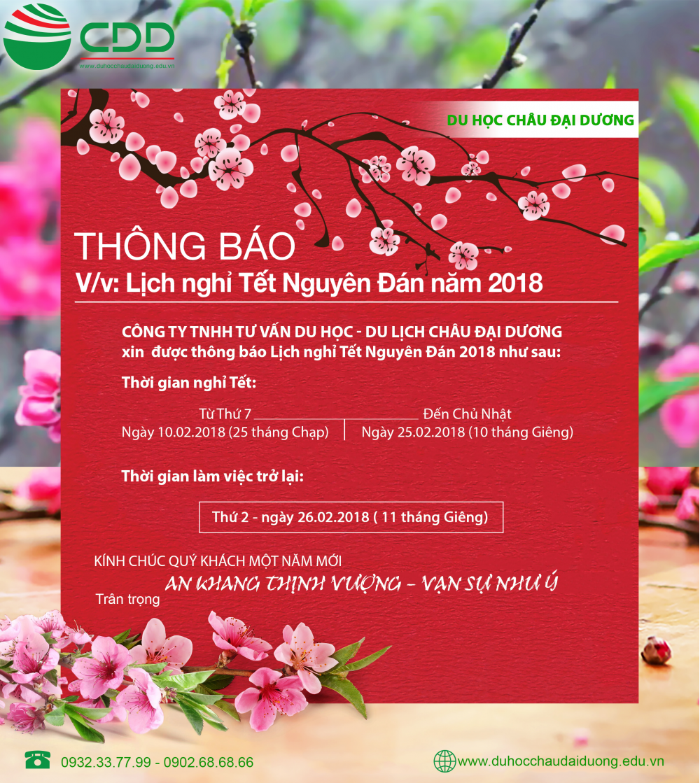 Thông báo lịch nghỉ Tết Nguyên Đán 2018